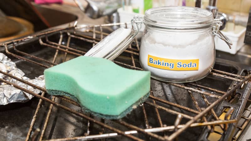 Baking soda or sodium bicarbonate are effective safe cleaning agent in household kitchen such as grimy and rusty oven items