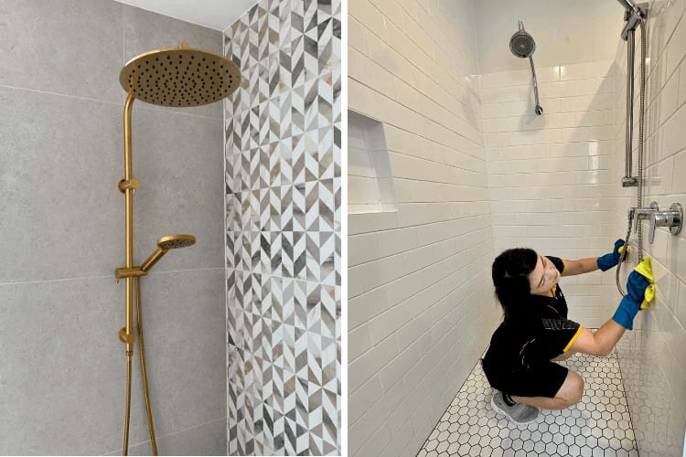 different kinds of shower tile being cleaned by tile cleaners