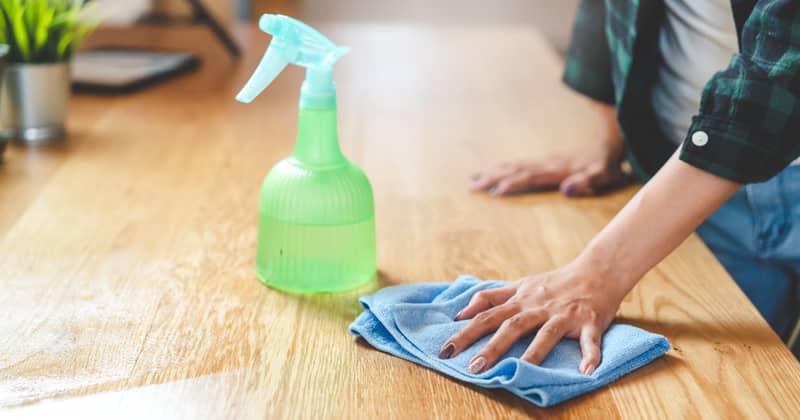 Close up woman cleaning kitchen using cleanser spray and cloth.