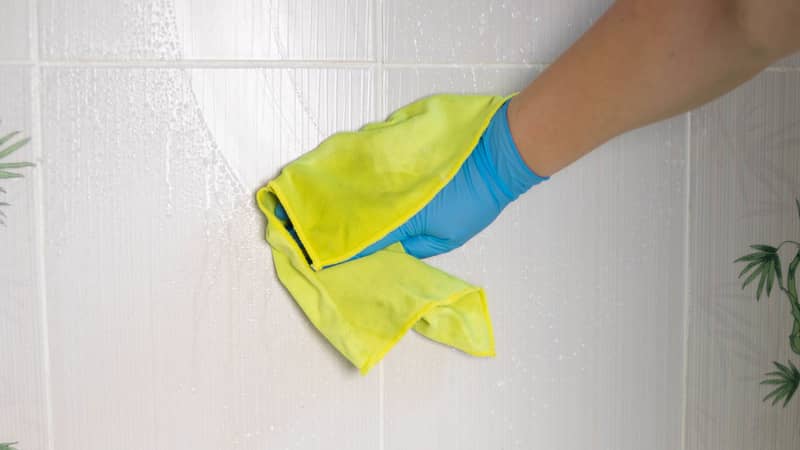 Cleaning Bathroom Tile Wall close up