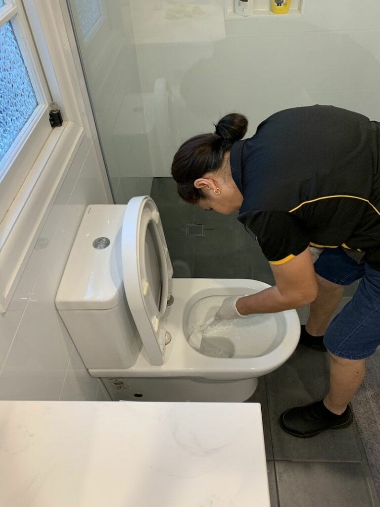 cleaner using a toilet brush to clean inside the bowl