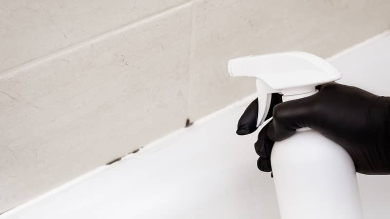 Dirty joints between the tiles, cleaning agent and hands in black gloves in the bathroom.