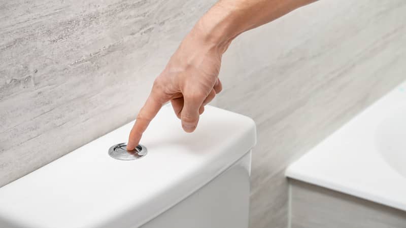 Hand flushing toilet bowl with button