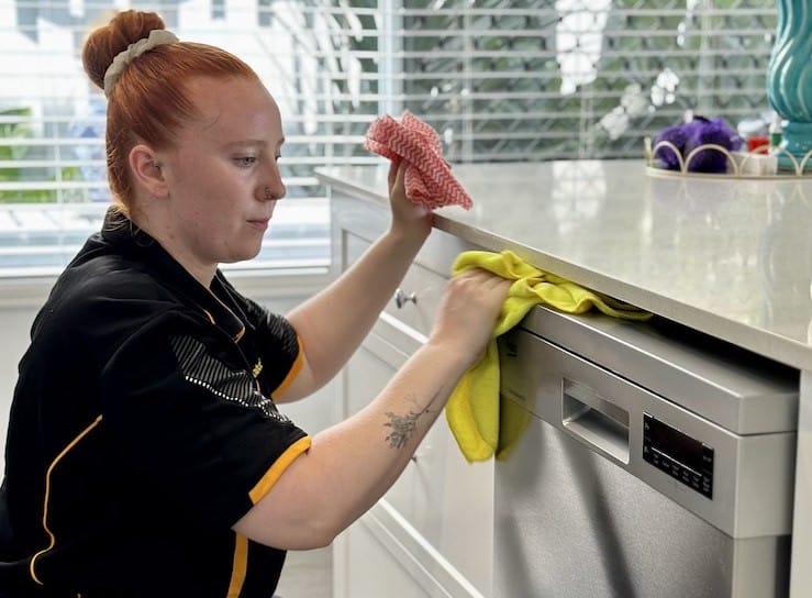 Professional cleaner wiping down the outside of a stainless steel dishwasher