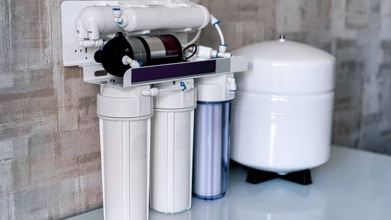 Household filtration system. Water treatment concept. Use of water filters at home. Special technic for home.