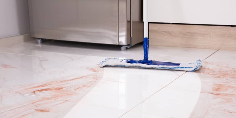 Close-up Of Mop In Kitchen Cleaning Dirty Floor At Home