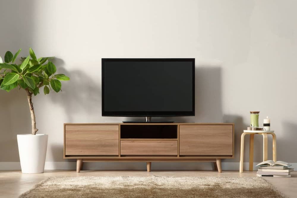 Modern interior of living room with wooden cabinet