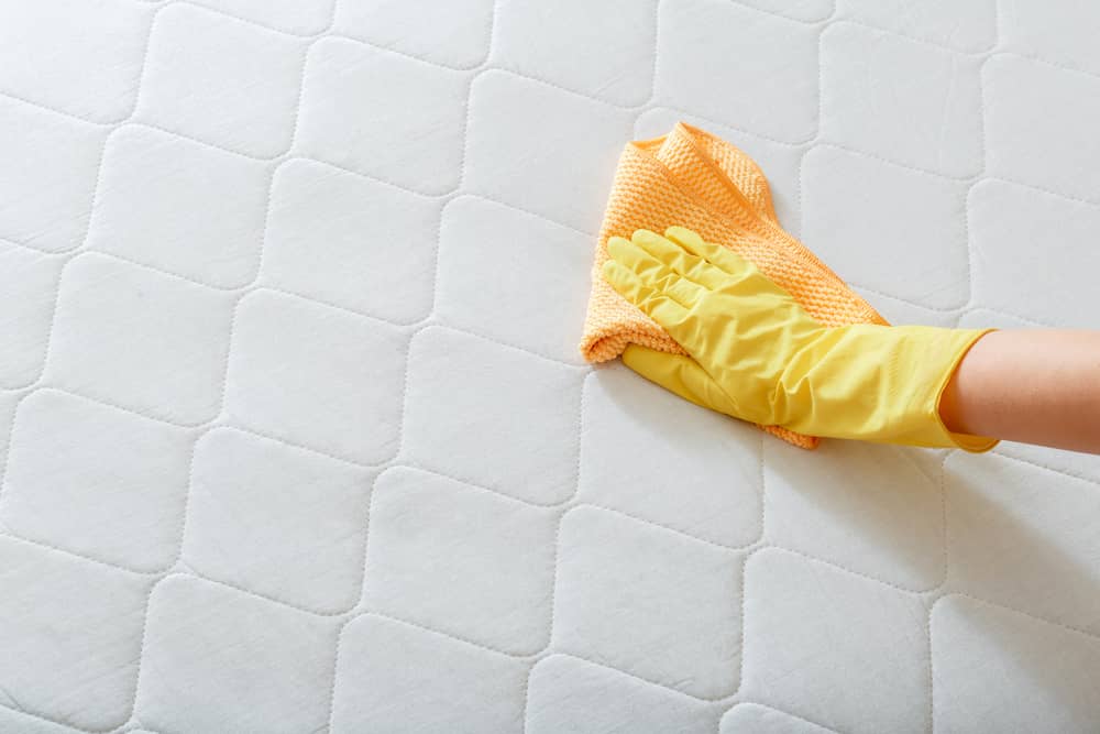 woman with yellow gloves holding a yellow cloth cleaning the mattress