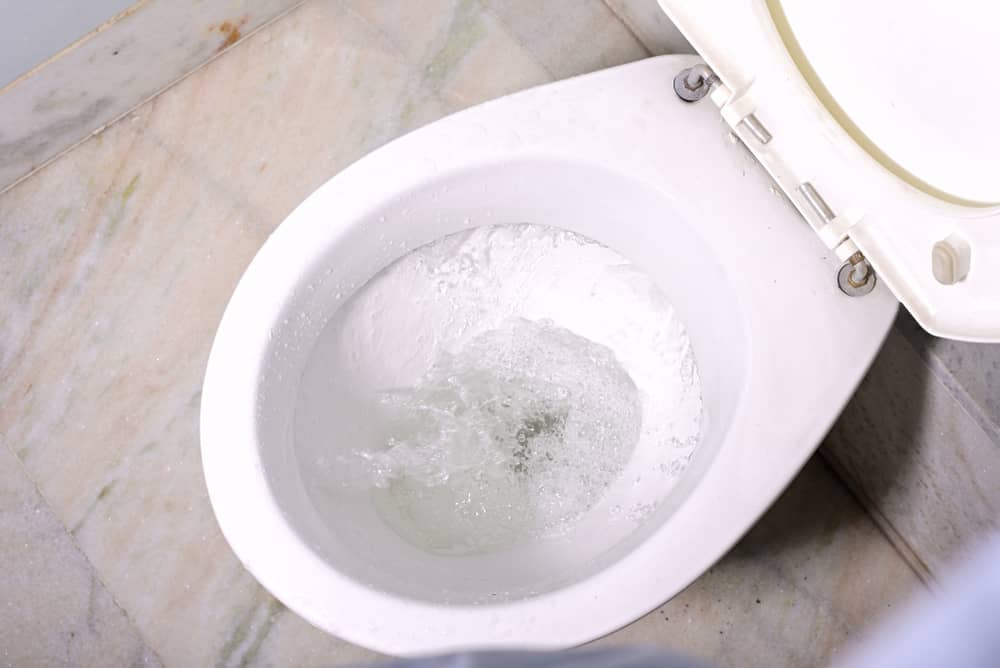 Close up flushing water in clean toilet bowl.