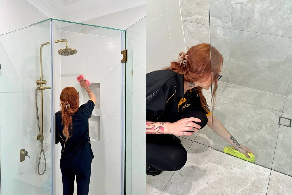 Maria cleaning the showers