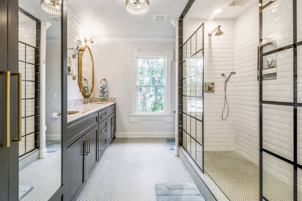 Luxurious modern bathroom setup with carpeted floor