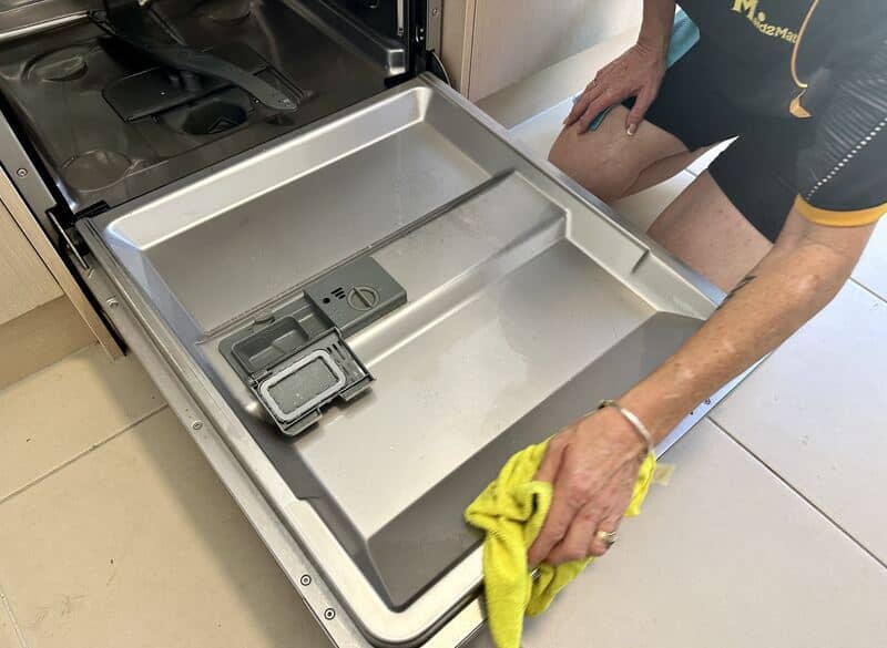 professional cleaner wiping the dishwasher door with a cloth