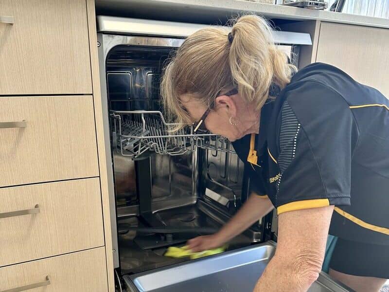 professional cleaner wiping the inside of a dishwasher