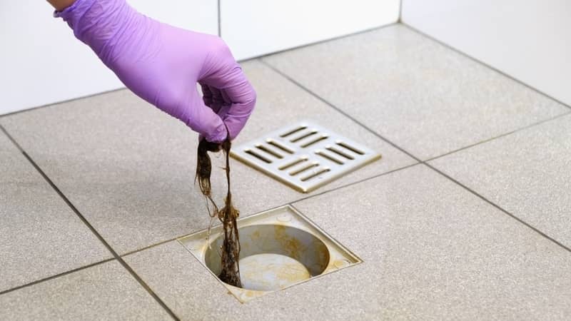 Water drain hole is clogged with hair clump. Woman hand in gloves is cleaning the shower drain.