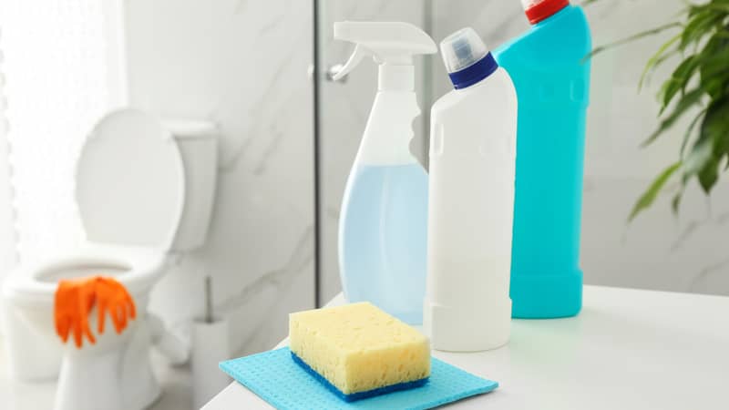 Cleaning supplies and toilet bowl in bathroom