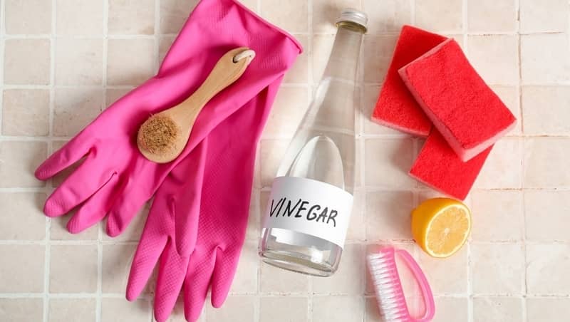 Bottle of vinegar, sponges, rubber gloves, brushes and lemon on light tile background