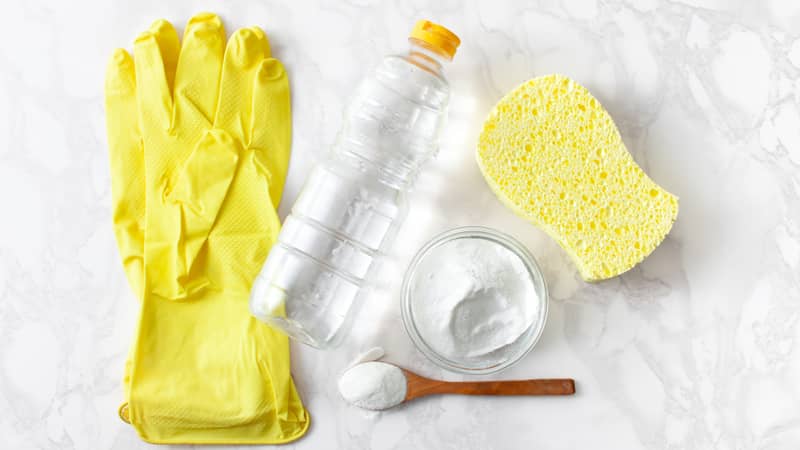 vinegar, baking soda, gloves, and sponge