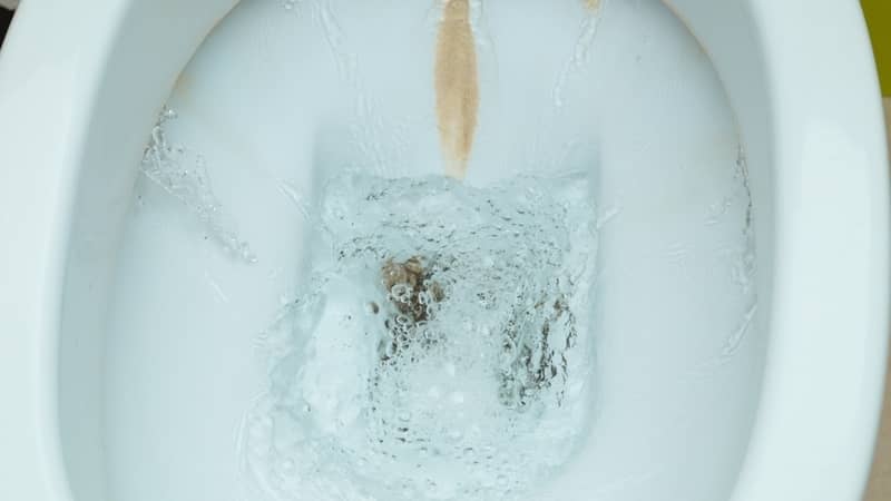 Dirty toilet bowl with limescale stain deposits.